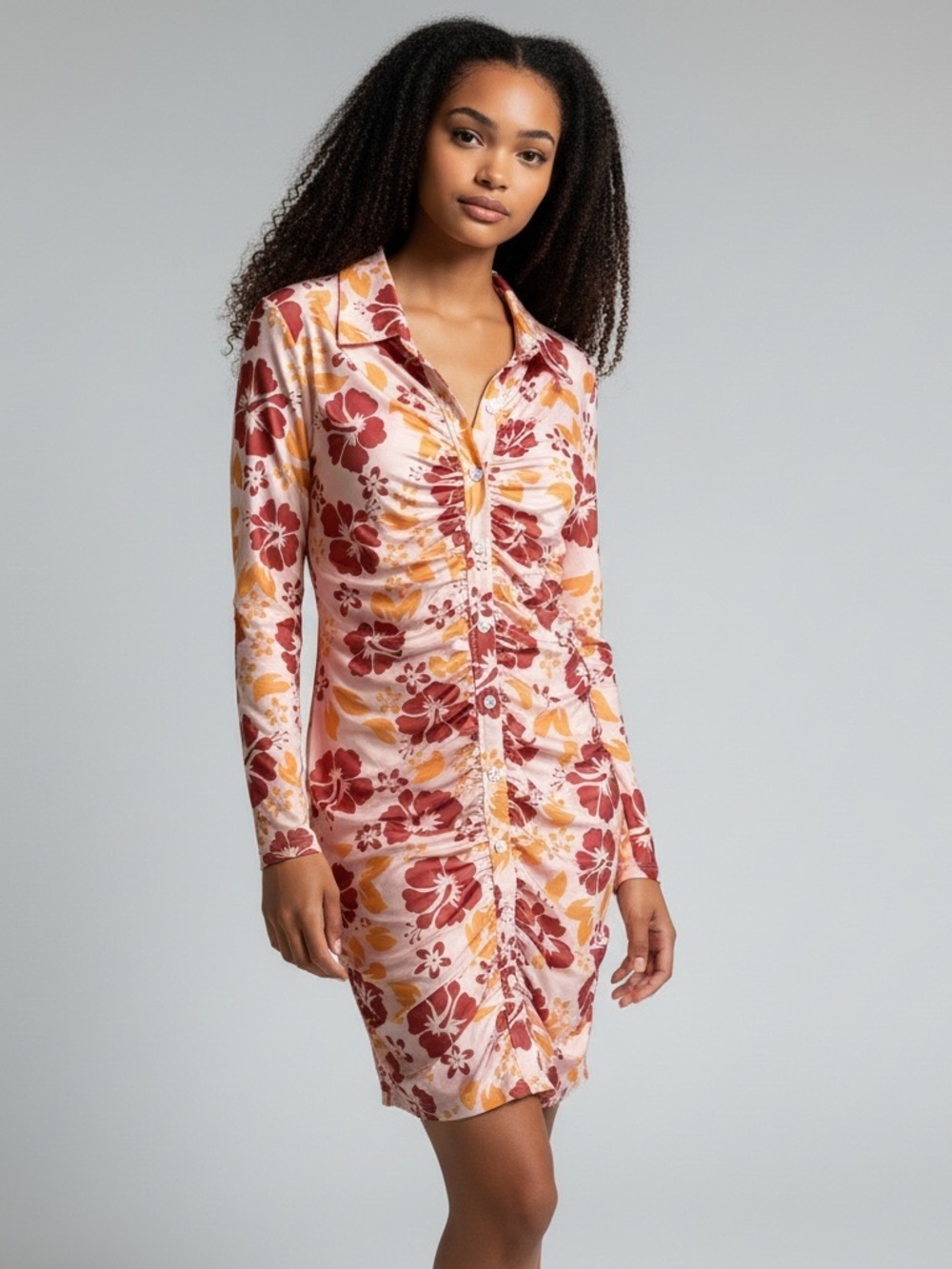 Ruched Long-Sleeve Floral Mini Dress in Pink and Orange Size Large